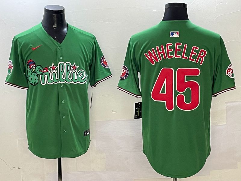 Men Philadelphia Phillies 45 Wheeler Green Three generations Joint Name Game 2025 Nike MLB Jersey style 1